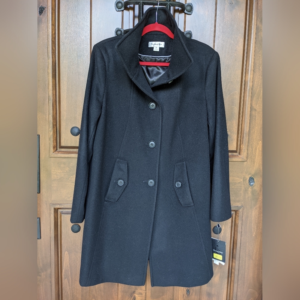 NWT Black Preston York Women's Coat Sz 12 Wool Blend Knee Length Single Breast.